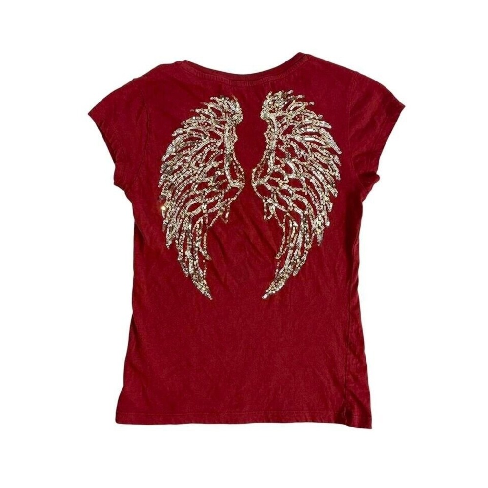 y2k guess angel wings baby tee size XS red gold sequin embroidered love t shirt